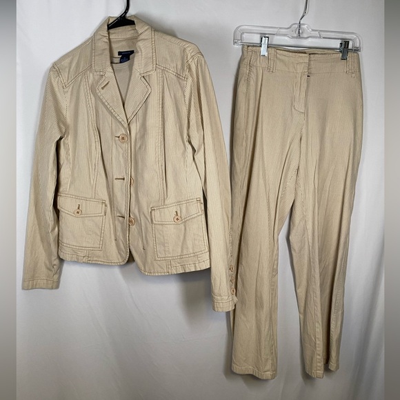 Westbound Beige Pinstripe 2-Piece Pant Suit Blazer Set Vintage Cotton Size S/M - Picture 1 of 12